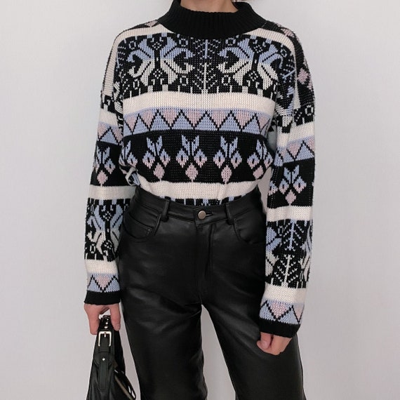 vintage pastel print mock neck sweater black paste