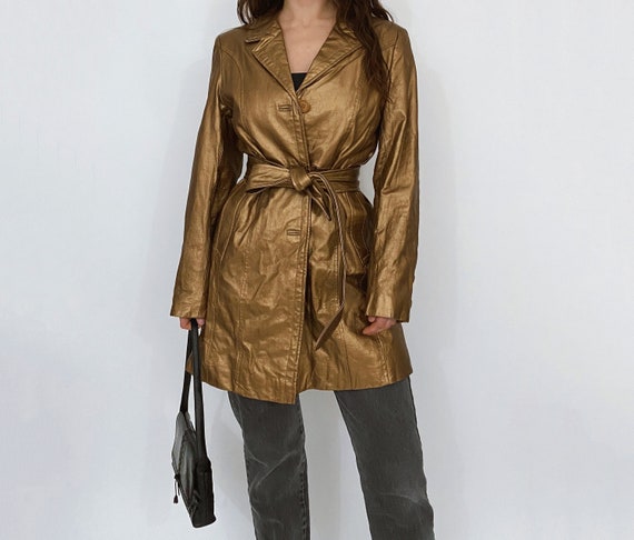 y2k gold leather belted trench coat