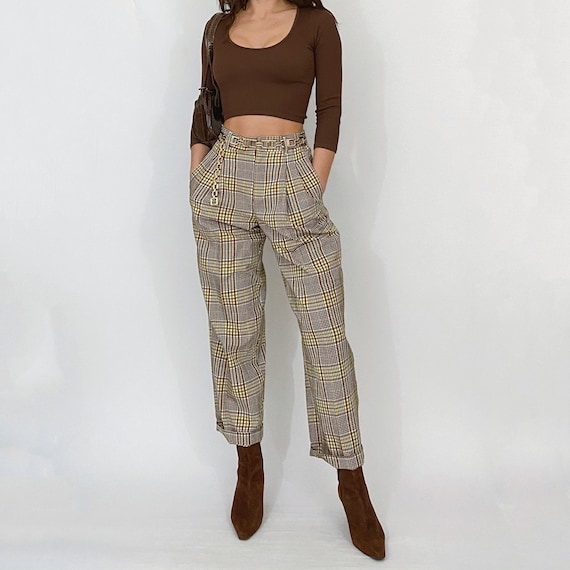high rise plaid trousers yellow / brown