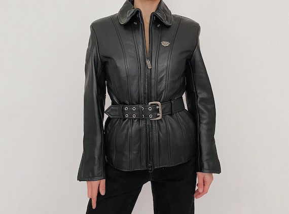 vintage belted leather motorcycle jacket black