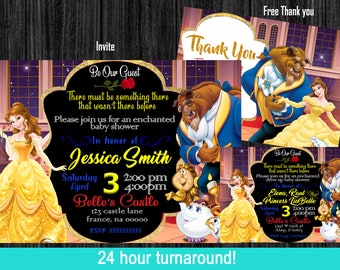 Beauty and the Beast invitation, Belle, Beast, invite, wedding, birthday, baby shower with free thank you!