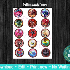 Rock Trolls, Troll world Tour Birthday Cupcake Toppers!!