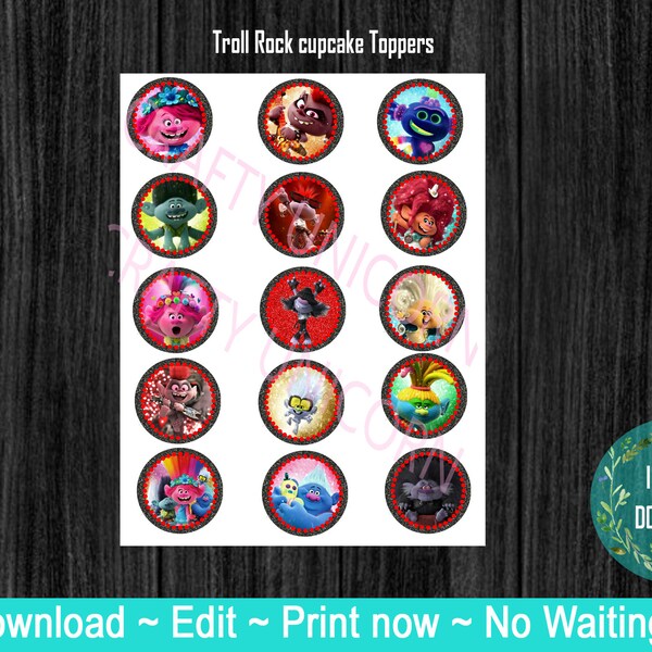 Rock Trolls, Troll world Tour Birthday Cupcake Toppers!!