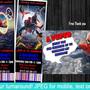 Spiderman! Spiderman movie Invitation, Spiderman Birthday Invitation. Hero party, Spiderman thank you, Spider man ticket invite
