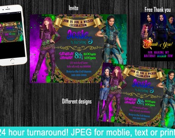 Descendants Birthday invitation, Descendants Invite, Descendants invites. Descendants Birthday. E-invite. Digital invite. Free Thank you