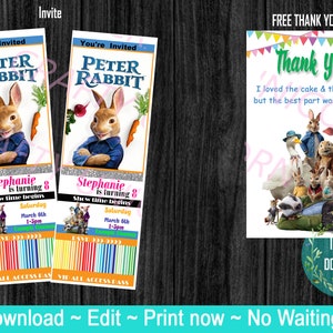 Peter Rabbit Birthday Invites, Peter Rabbit movie, Peter Rabbit thank you, Peter Rabbit movie ticket invites