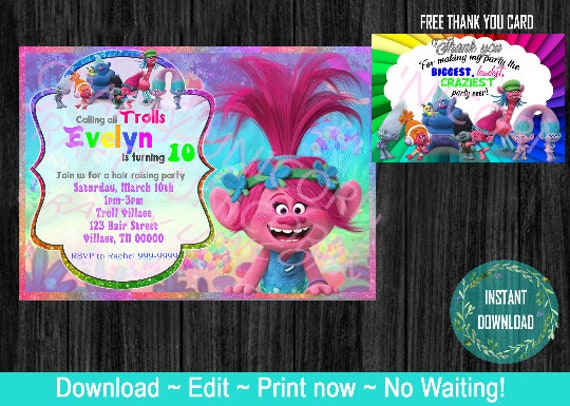 10 x Trolls Birthday Party Invitations or Thank you cards 