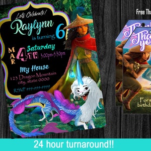 Raya the last dragon invite, Raya invitation, Princess birthday party, invitation with free thank you tags!