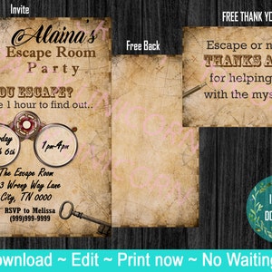 Escape Room invitation with free thank you! Escape room, Escape party, Mystery birthday