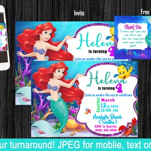 Ariel Little Mermaid invitation with free thank you!