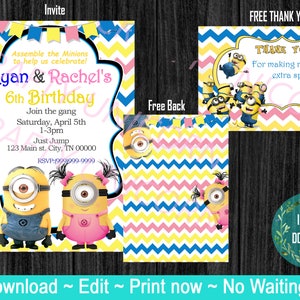 Minion invite with free Thank you! Twins, minions, pink minion