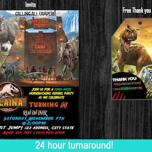 Jurassic Park, camp, camp cretaceous, Jurassic World Birthday Invite! With free thank you