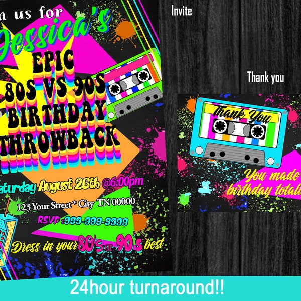 80s Birthday Invitation, 80s  vs 90s Party Invitation, Cassette Tape, 80s Neon Invitation, 90th Birthday Party, Thank you!