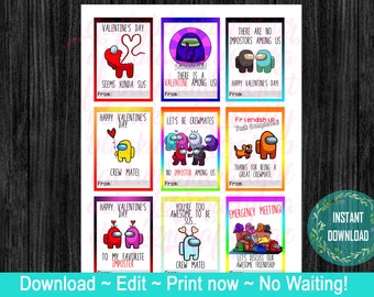 Kids Valentine Cards, among us inspired fanart valentines , DIY printable, instant download, game, valentine's day, kid cards