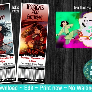 Disney Mulan invitation, home movie, movie tickets, family movie night, ticket invite, mulan 2020 with free thank you!