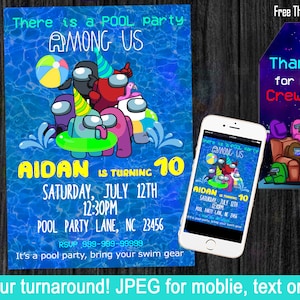 Among Us pool party Birthday Invite, Among us invite, astronaut, alien, game Invitation, Birthday Party. pool party