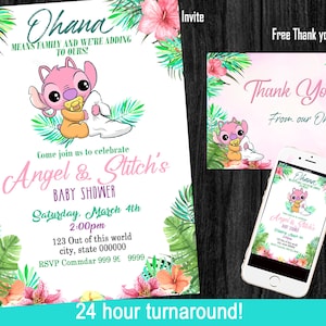 Angel invitation! stitch baby shower, lilo and stitch, Lilo & Stitch Birthday, Baby Stitch, with free Thank you