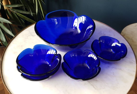 70 s Italian Blue Glass Flower shaped Bowls Rare Cobalt Glass Dessert salad Bowl Set Vintage Matching Serving Dish Set Etsy Canada