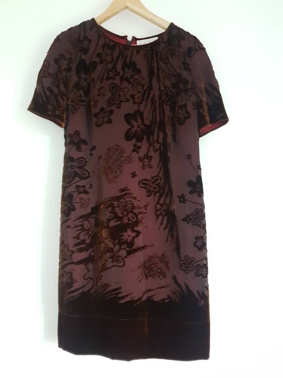Zandra Rhodes, 90's Zandra Rhodes Brown Patterned Velvet Dress/ Vintage Zandra Rhodes Silk Shift Dress/ Designer Vintage Contrast Lining Dress UK 6/8