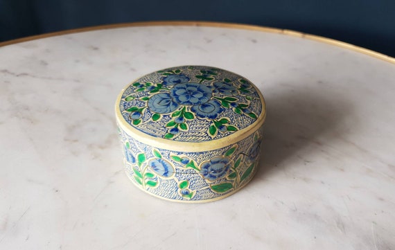 1940's Floral Paper Mache Box/ Vintage Trinket Dressing Table Storage/ Collectible Boxes