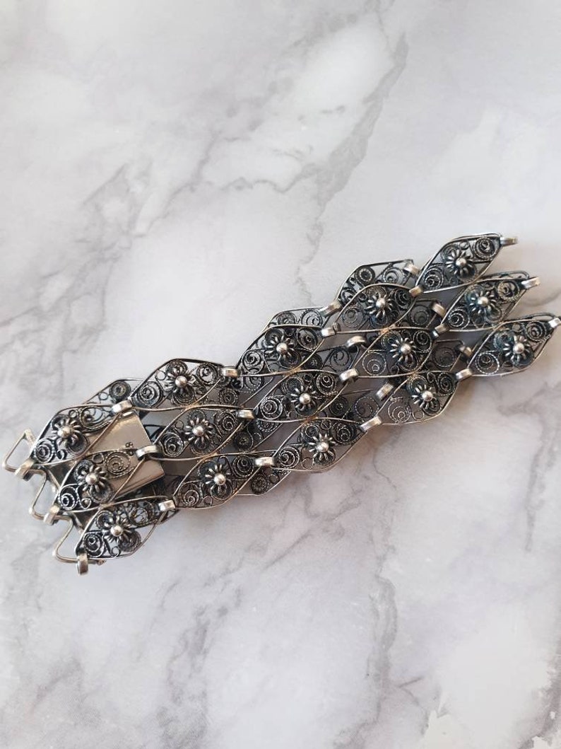 1960/'s Articulated Silver Chain Bracelet Vintage Ornate Silver Cuff Style Bracelet Handmade Sixties Silver Chain Mail Floral Bracelet