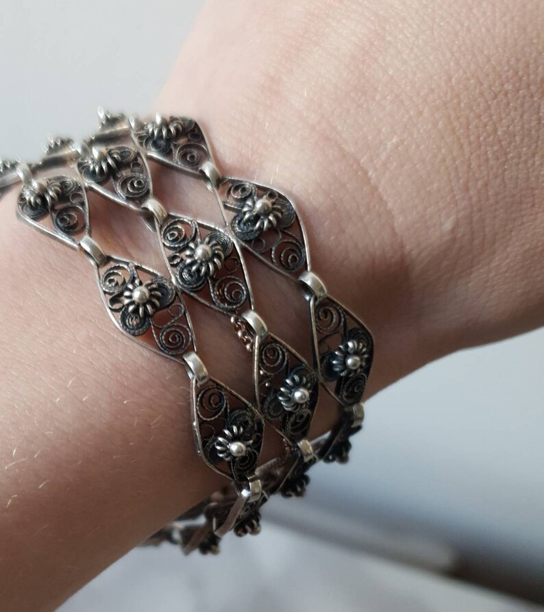 1960/'s Articulated Silver Chain Bracelet Vintage Ornate Silver Cuff Style Bracelet Handmade Sixties Silver Chain Mail Floral Bracelet