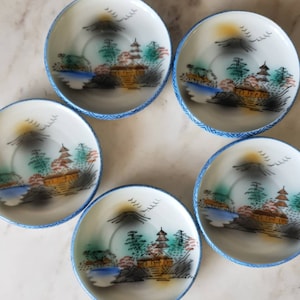 Op de afbeelding: Set van vijf witte keramische schoteltjes met blauwe rand. Elk schoteltje heeft een handgeschilderd tafereel van een Japans berglandschap met een pagode, bomen en een rivier.