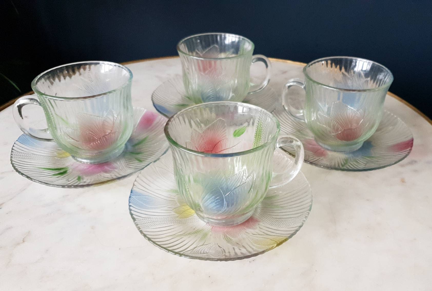 Glass Tea Cup Set of 4 - Floral Embossed Large Glass Cup | Nestasia