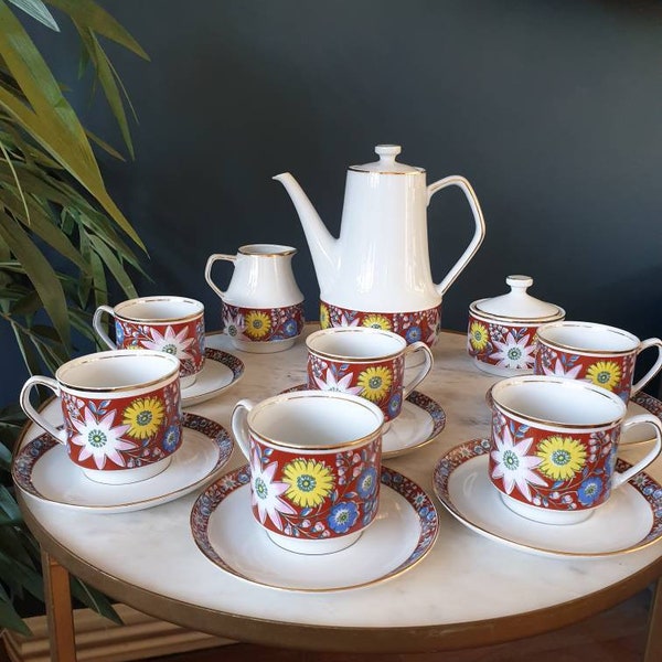 1960's Rare Chodziez Porcelain Tea Set/ Vintage Sixties Florals Coffee Service/ Mid-century Spring Floral Ceramics