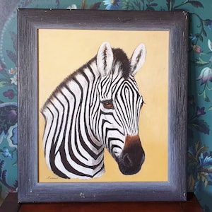 Original Acrylic Zebra Painting/ Vintage Framed Ombre Zebra Portrait/ Signed Safari Animal Artwork