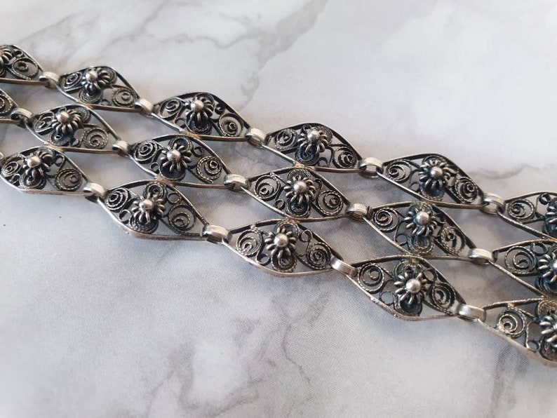 1960/'s Articulated Silver Chain Bracelet Vintage Ornate Silver Cuff Style Bracelet Handmade Sixties Silver Chain Mail Floral Bracelet