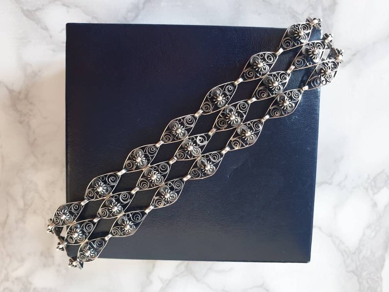 1960/'s Articulated Silver Chain Bracelet Vintage Ornate Silver Cuff Style Bracelet Handmade Sixties Silver Chain Mail Floral Bracelet