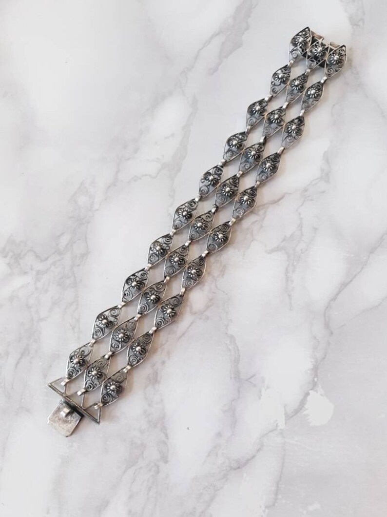 1960/'s Articulated Silver Chain Bracelet Vintage Ornate Silver Cuff Style Bracelet Handmade Sixties Silver Chain Mail Floral Bracelet