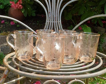 50's Portuguese Rose Glass Mugs/ Set of 7 Vintage Pink Glass Mugs/ Mid-century Heritage Blush Glass Etched Florals