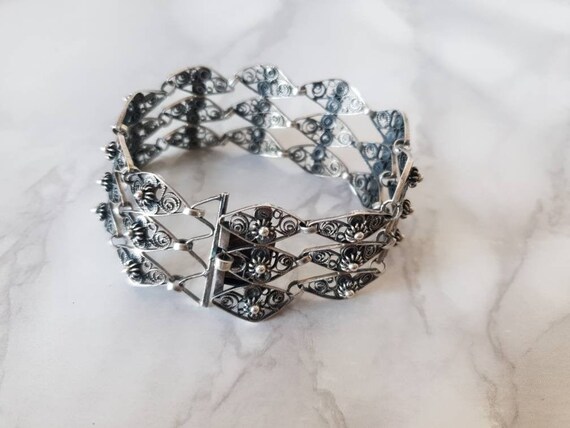 1960/'s Articulated Silver Chain Bracelet Vintage Ornate Silver Cuff Style Bracelet Handmade Sixties Silver Chain Mail Floral Bracelet