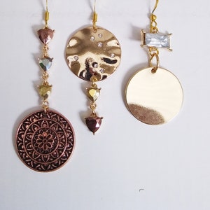 Gold and copper drop earrings with multicolored hearts. Please choose from 3 or 2 heart styles.