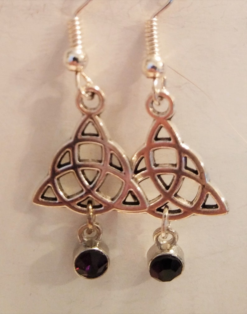 drop AB pink Silver colored Celtic knot earrings or clear drop with black bead or silver bead. Please choose from deep red