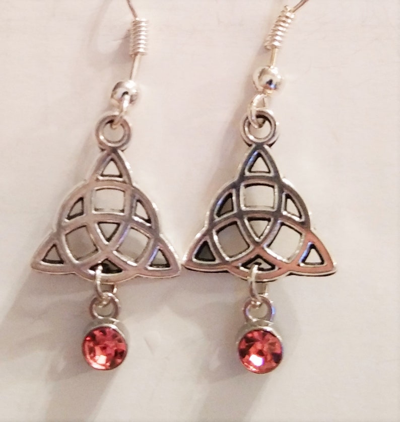 drop AB pink Silver colored Celtic knot earrings or clear drop with black bead or silver bead. Please choose from deep red