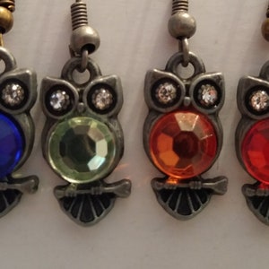 Owl earrings. Six colors available. Sold separately. Please choose color: blue, red, dark green, light green, pink, teal, orange.
