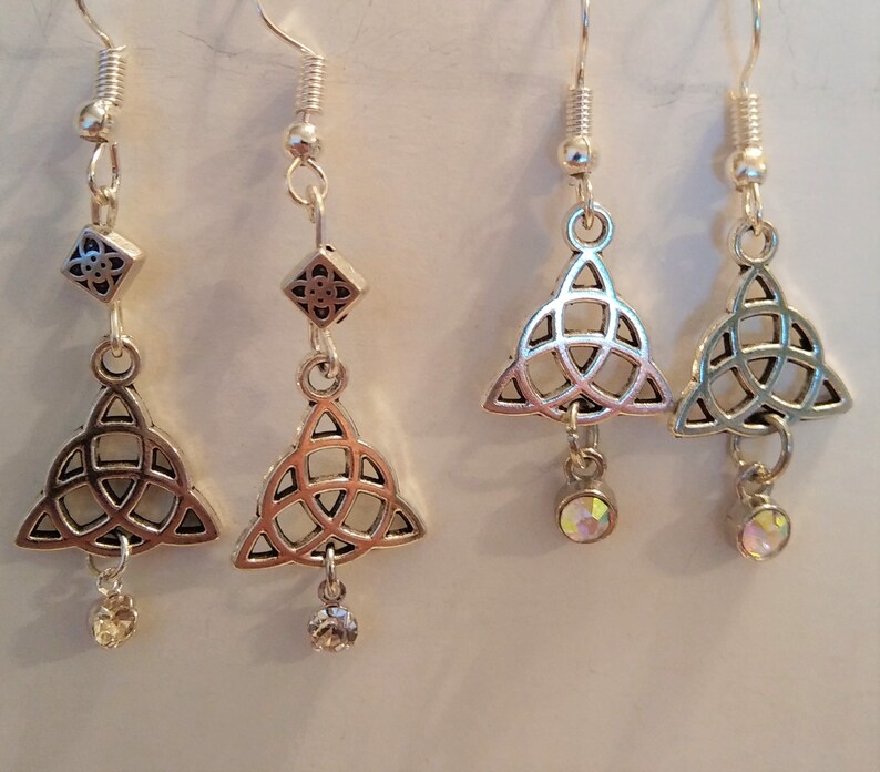 drop AB pink Silver colored Celtic knot earrings or clear drop with black bead or silver bead. Please choose from deep red