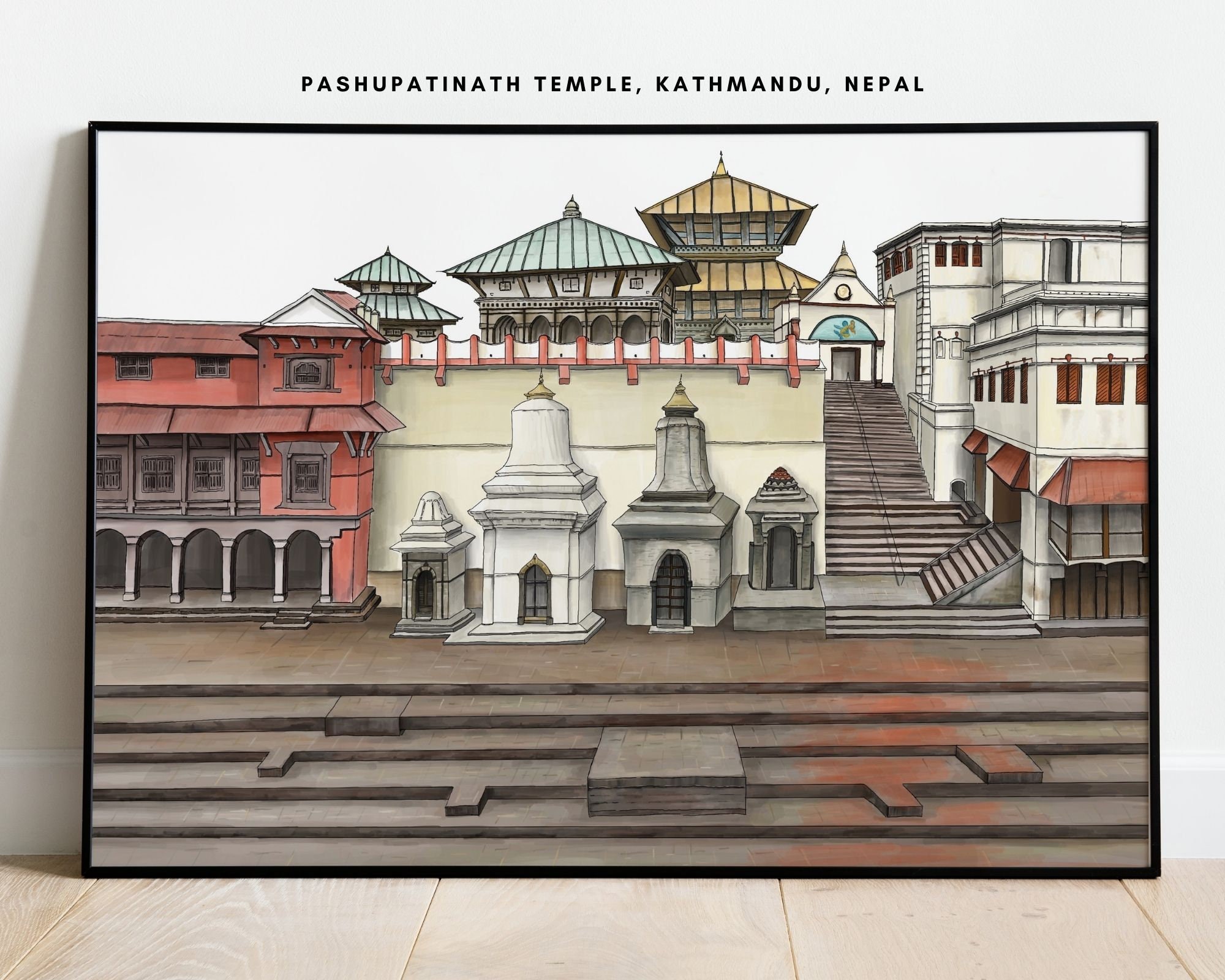 Swayambhu temple in Kathmandu, Nepal, before the earthquake. Travel sketch.  Artistic hand drawing. Vertical vintage touristic postcard, poster, book  illustration Stock Illustration | Adobe Stock