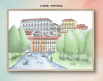 Digitale print Lissabon, Portugal, Europese reisposter muurkunst, afdrukbare illustratie