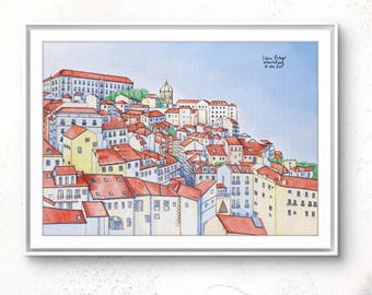 Digitale print Lissabon, Portugal, Europese reisposter muurkunst, afdrukbare illustratie