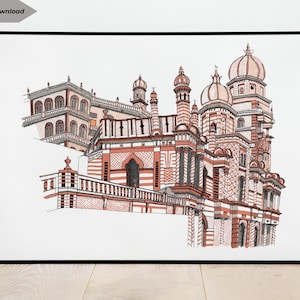 May include: A hand-drawn illustration of a red and white striped building with multiple towers and domes. The building has a detailed design with intricate patterns and arches. The illustration is done in a minimalist style with black outlines.