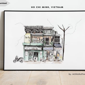 以下が含まれることがあります： ベトナムのホーチミン市の街並みを水彩で描いたイラストです。イラストには、1階に店がある複数階建ての建物が描かれています。店には「Thu Huong Bac」と書かれた看板があります。建物の前にスクーターが停まっています。
