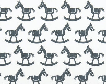 Rocking Horse White/ Gunmetal Cotton Twill Fabric, Nursery Fabric