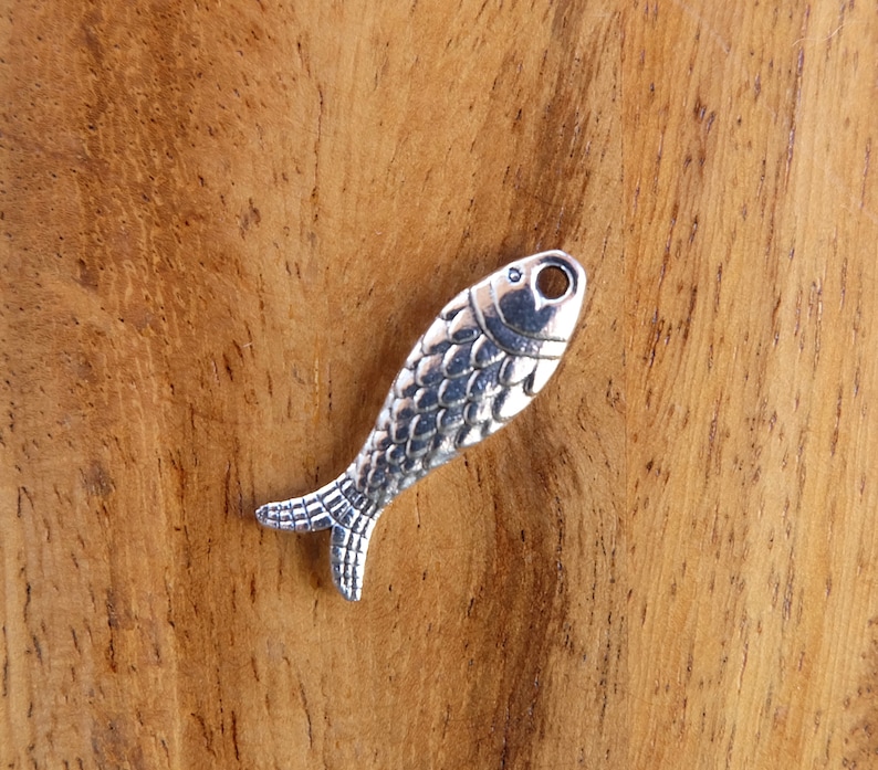 Peut inclure: Un charm en forme de poisson de couleur argent&eacute;e avec un motif d'&eacute;cailles d&eacute;taill&eacute;. Le charm a un petit trou en haut pour l'enfilage et une nageoire caudale d&eacute;taill&eacute;e. Le poisson est pr&eacute;sent&eacute; sur une surface en bois.