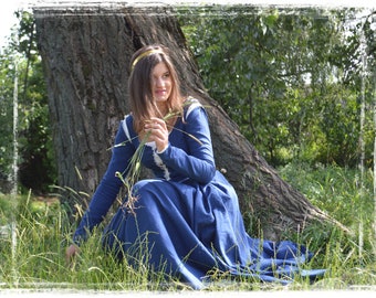 May include: A woman in a blue dress sits in a forest setting. She is holding a sprig of green leaves in her hand. The dress has a white lace trim and a gold crown on her head.