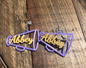 Cheer Megaphone earrings - Add your favorite cheerleaders name - Personalized Earrings - 3D Printed Earrings