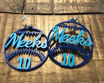 Custom Baseball Earrings - Add your Team or Player, and Number! Personalized 3D printed Earrings